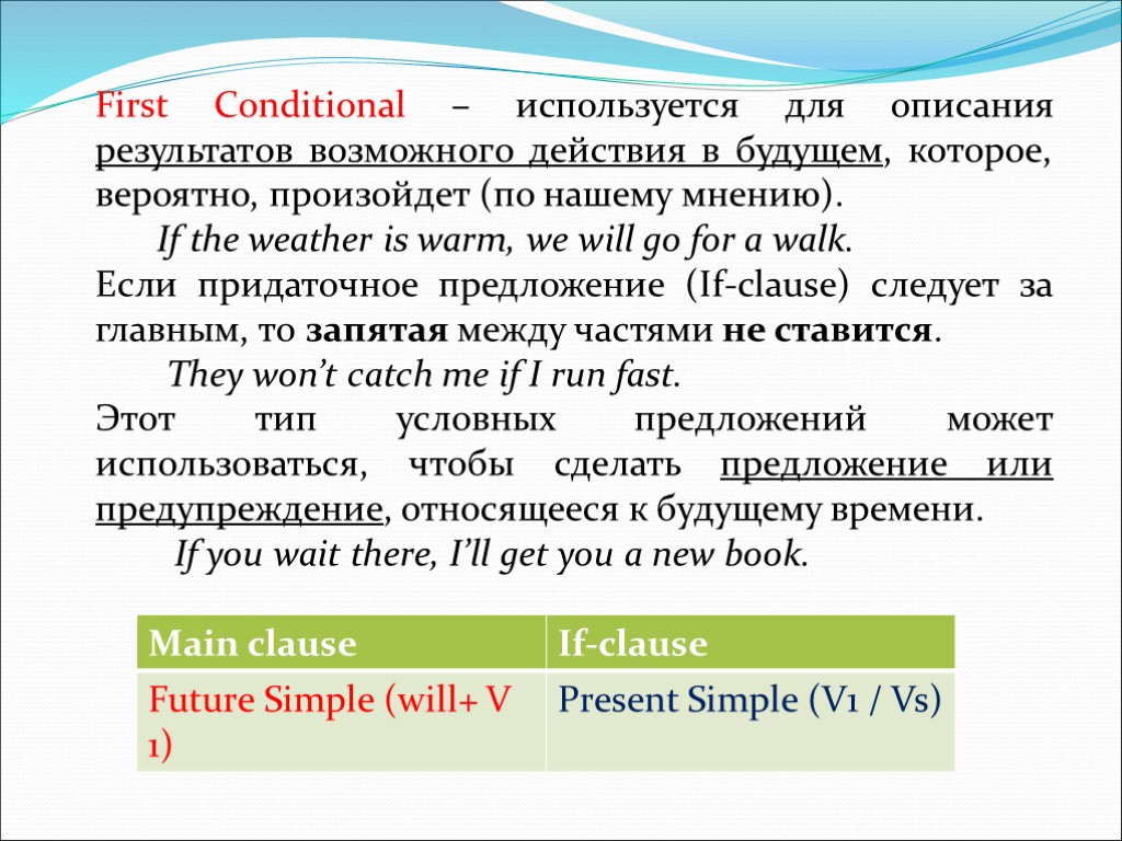 First Conditional – используется для описания результатов возможного действия в будущем, которое, вероятно, произойдет